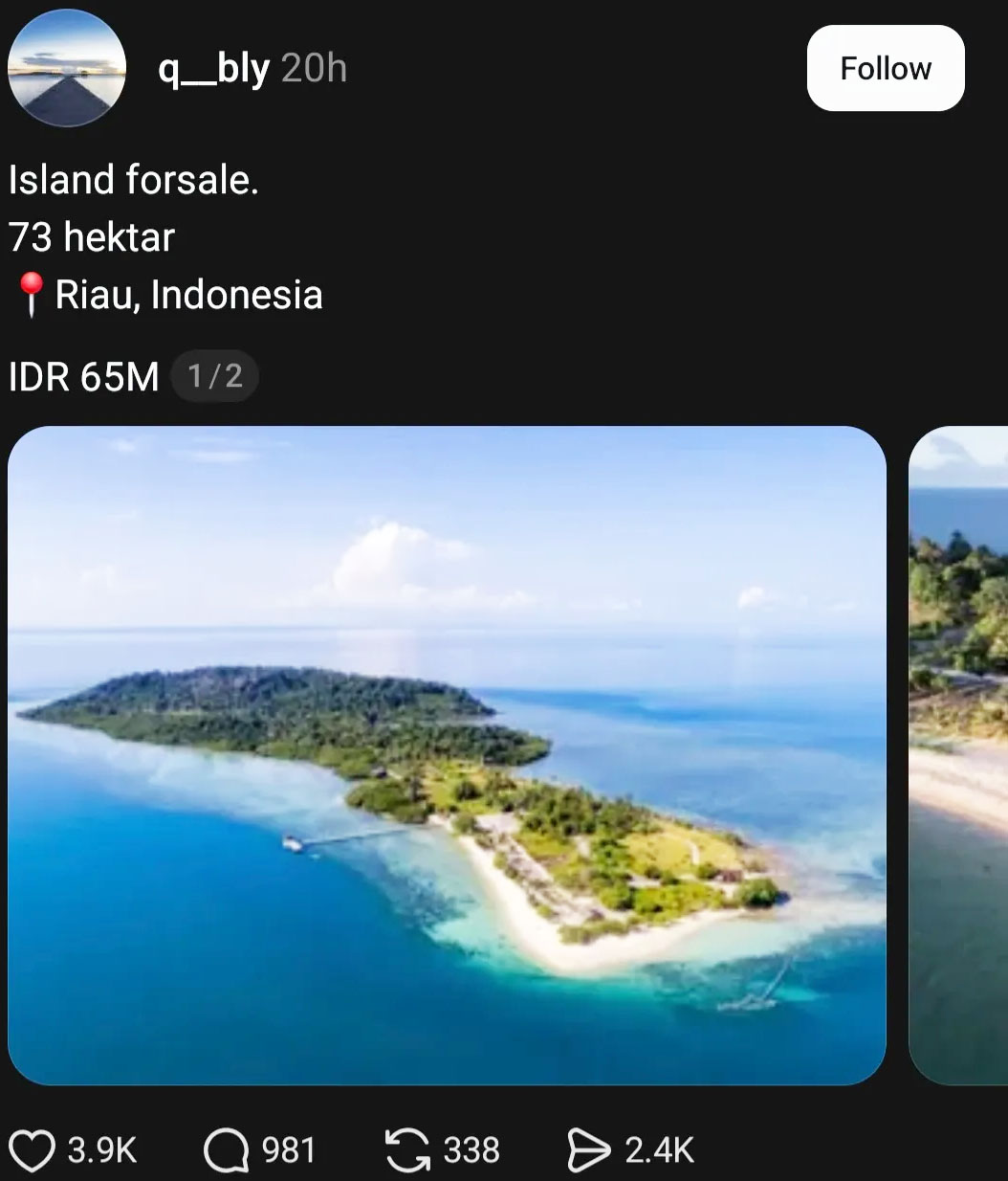 Thread @q_bly Jual Pulau Katang, Lingga seharga 65 Miliar Rupiah